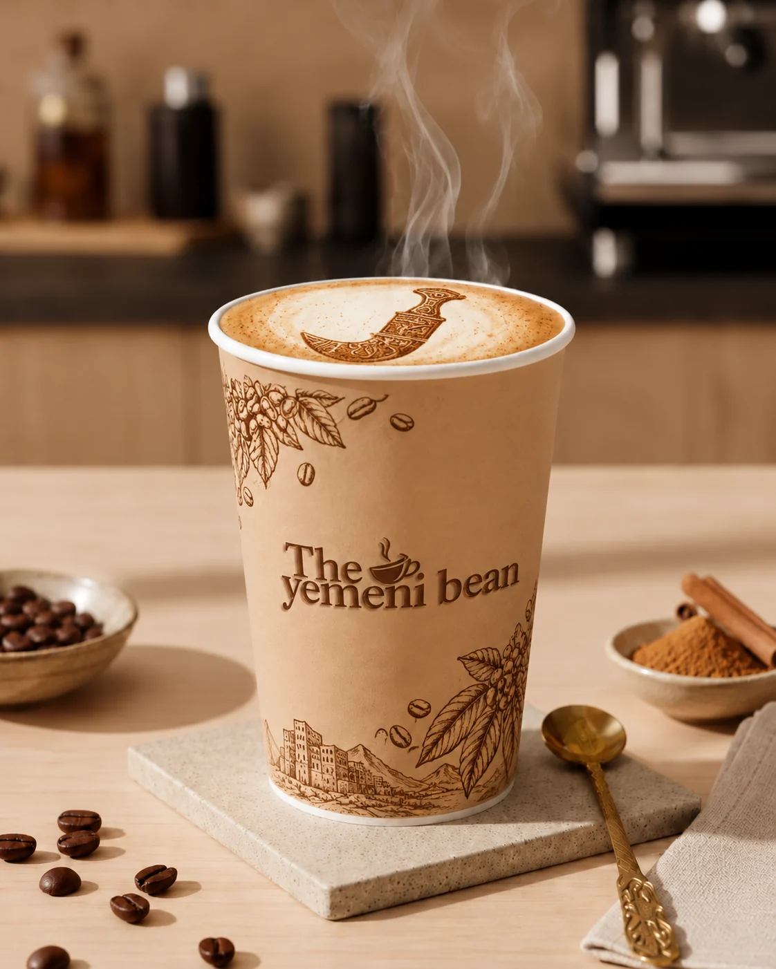 The Yemeni Bean signature cup with botanical artwork and steaming coffee